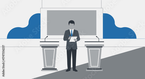 Modern Presentation Stage With Speaker Preparing For Public Speaking Before Audience