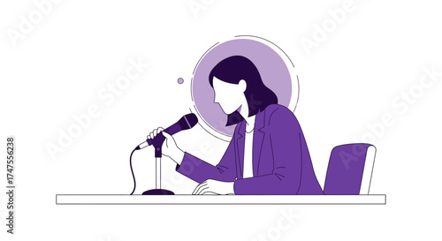 Modern Presentation Illustration of a Woman Holding a Microphone in a Purple Suit