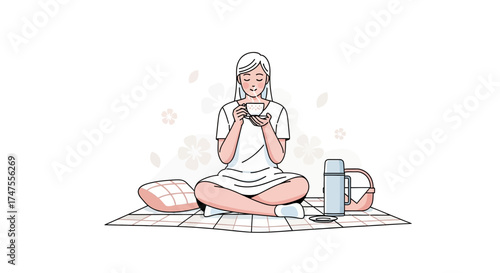 Peaceful Woman Enjoying Tea Outdoors Amidst Gentle Floral Embellishments