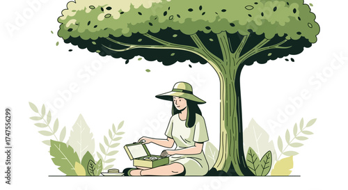 Peaceful illustration of a woman enjoying a picnic under the shade of a tree