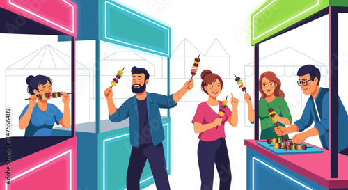 People Enjoying Fresh Street Food Skewers at Vibrant Market Stalls Illustration