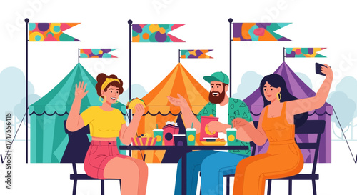 People enjoying food and drinks at a fair with tents and flags a day of celebration