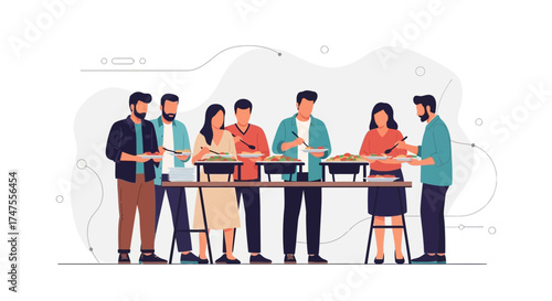 People Gathering At A Buffet Table, Choosing Food And Socializing Together