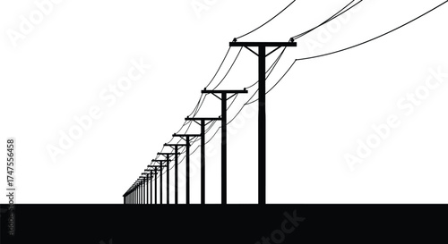 Long row of electric utility poles with power lines silhouette illustration, rural electricity infrastructure vector design, black and white minimal energy concept background