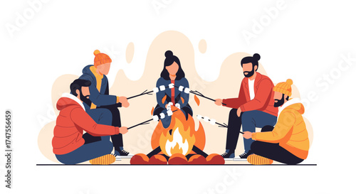 People gathered around the campfire roasting marshmallows on sticks outdoors in wintertime