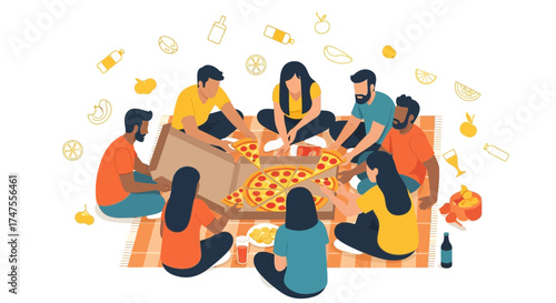 People Gathering Enjoying Pizza Together On A Blanket Sharing And Eating