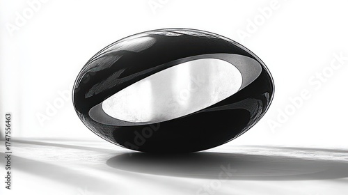 Glossy black elliptical sculpture with a hollow oval center casting soft shadows on a white surface, evoking modern elegance and calm minimalism