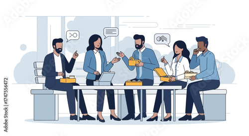 People Sharing Lunch at a Table with Speech Bubbles Illustrating a Discussion During Breaktime