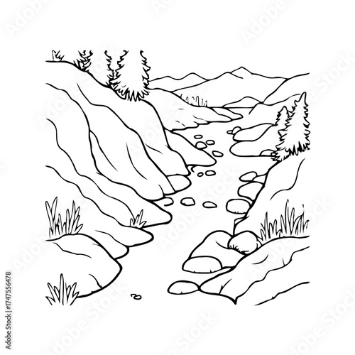 Line art of mountain stream flowing through rocky terrain with evergreen trees drawing