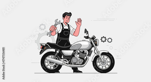 Motorcycle Mechanic Waving Holding Wrench Next To A Classic Bike Vector Illustration Design