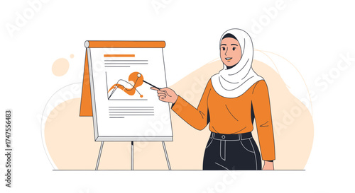 Muslim Woman Presents Data Analysis on Whiteboard During Business Strategy Meeting