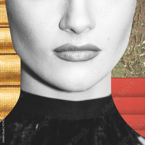 Fine art colorful collage illustration of beautiful woman portrait. Black and white model face. Colorful various texture pattern in background. Grunge and noise effect applied. Retro vintage style