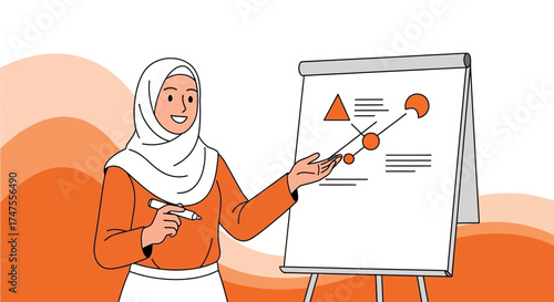 Muslim woman giving a presentation on a chart in a bright and colorful illustration