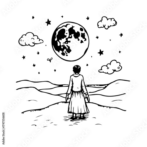 Lunar gazing silhouette contemplating cosmic expanse under starlit skies and dreamy cloud