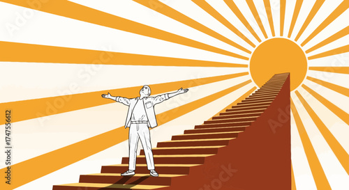 Person Celebrating Success Reaching Top Stairs Toward Bright Sun, Achieving Victory