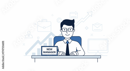 New manager sitting at his desk with a new role in the office and some business icons