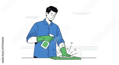 Person Cleaning a Surface in a Clean and Minimalist Style with a Spray Bottle