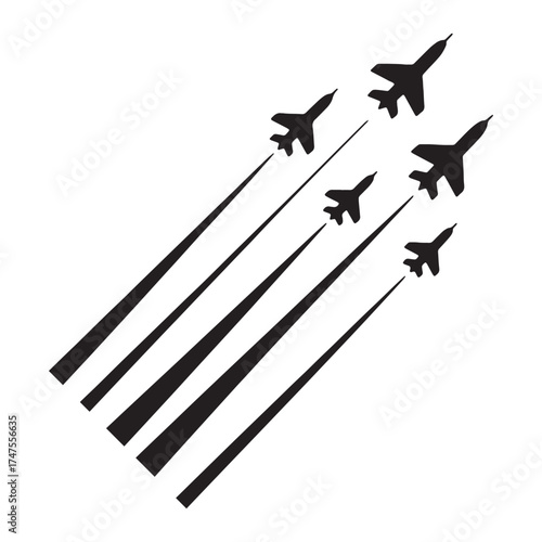 Dynamic Formation of Jet Planes Soaring High An Artistic Rendition of Power Velocity and Precision Black Silhouettes Against White Evoking Aviation Majesty