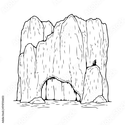Majestic colossal ice formation monochrome illustration with towering cliffs and archway creating