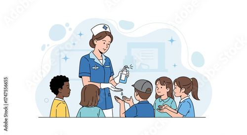Nurse Teaching Health And Hygiene To Children, Promoting Safety And Cleaning Procedures.