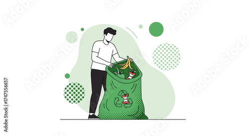 Person Collecting Composting Materials Into a Recycling Bag for Sustainable Waste Management
