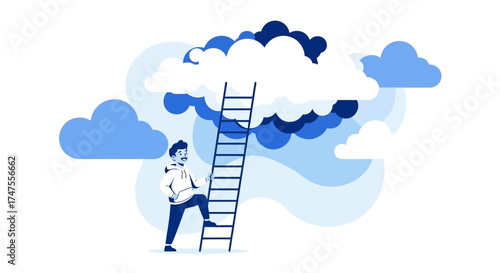 Person Climbing Ladder Reaching Clouds Exploring Opportunity And Achieving Success Now