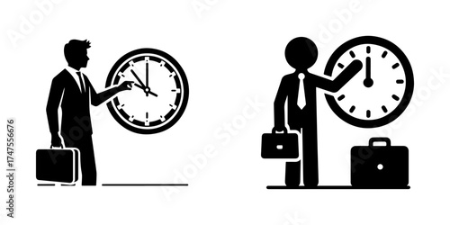 Modern Minimalist Men Checking Clock Icon, Flat Silhouette of Office Workers Vector for Time Management Illustration Design