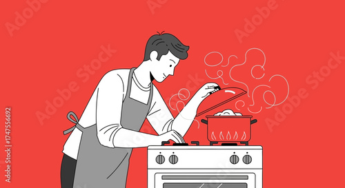 Person Cooking Food At Stove, Preparation Process In The Kitchen With Red Background