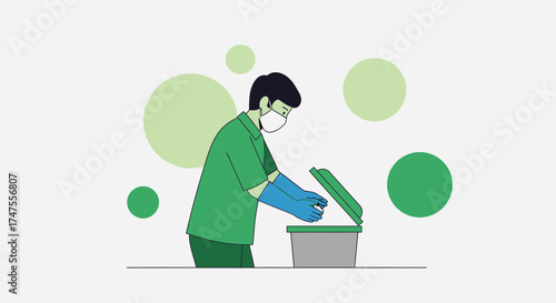 Person Disposing Waste With Protection Under Hygiene Procedures For Cleanliness