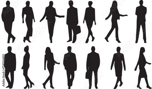 Vector silhouettes of business people walking and posing, including a group of men and woman in suit for team and work design