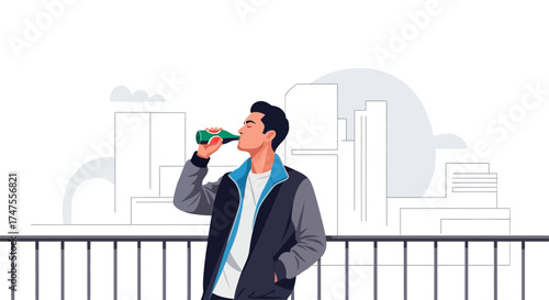 Person Drinking A Beverage On A Balcony With City Skyline Background