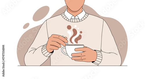 Person Drinking Coffee, Relaxing With A Hot Beverage, Vector Flat Illustration Design