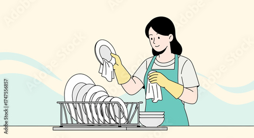 Person Drying Dishes After Washing, Kitchen Cleaning, Household Chores, And House Activities