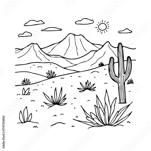 Minimalist desert vista featuring stark cactus formations and mountain silhouettes under a sunlit