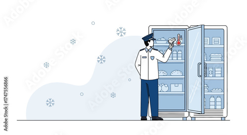 Officer Inspecting Refrigerator Temperature Amidst Winter Atmosphere Illustration