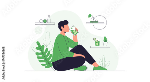 Person Drinking Healthy Drink with Fruits Illustration Perfect for Lifestyle and Healthy Habits