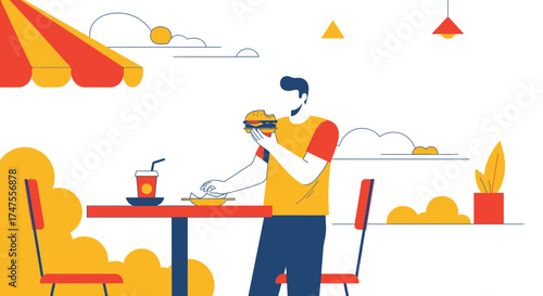 Person Eating Burger, Simple Restaurant Scene Depicted in Minimalist Vector Style