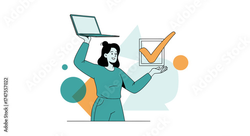Online Task Completion Illustrated With a Woman, Laptop, And Checkmark Symbol Presented