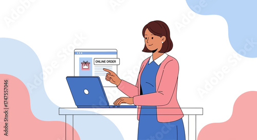 Online Shopping Experience: A Woman Browsing and Ordering Via Laptop with a Smiling Expression