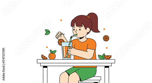 Orange Juice Enjoyment: Girl Sipping Refreshing Drink at a Table in Flat Illustration Style