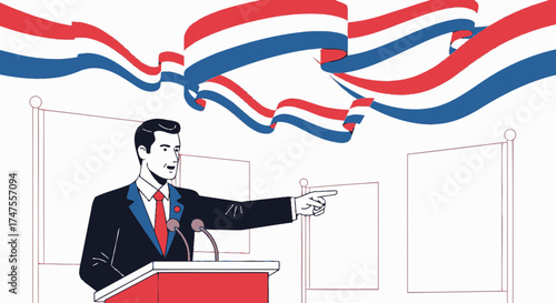 Orator Addressing Audience Below Nationalistic Ribbons, Symbolic Of Patriotism, Leadership