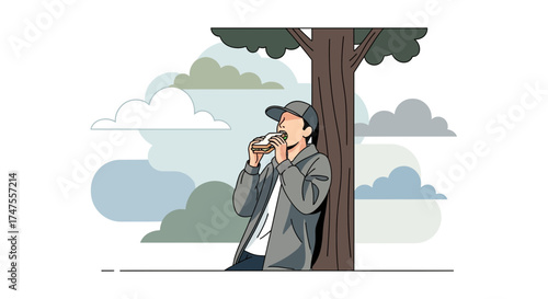Person Enjoying Sandwich Against a Tree Under a Cloudy Sky Vector Illustration