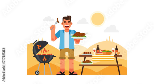 Outdoor Cooking And Celebration: A Cheerful Man Preparing Grilled Food For Friends