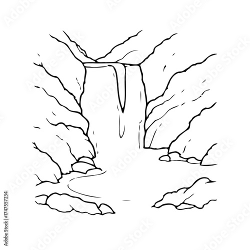 Monochrome cascading waterfall sketch with rocky cliffs stream and serene waterscape a nature