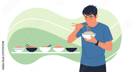 Person Enjoying Noodles: A Vibrant Illustration Of Culinary Delight And Food Culture