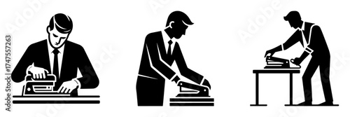 Modern Minimalist Men Stapling Papers Icon, Flat Silhouette of Office Workers Vector for Document Illustration Design