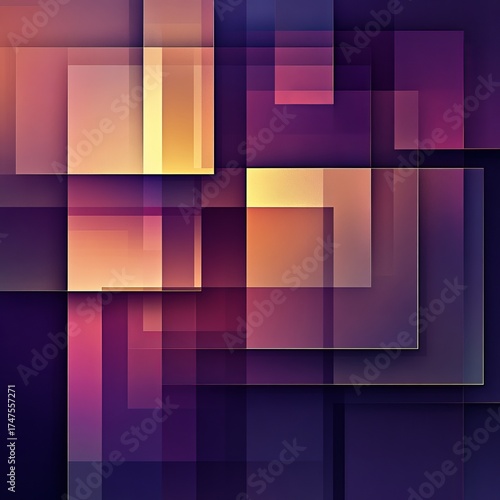 Abstract geometric pattern with vibrant layered translucent squares and rectangles in purple and golden orange shades modern digital design