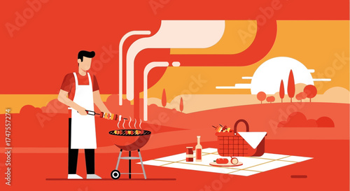 Outdoor Grilling Scene with Picnic Elements Representing Leisure and Social Gathering