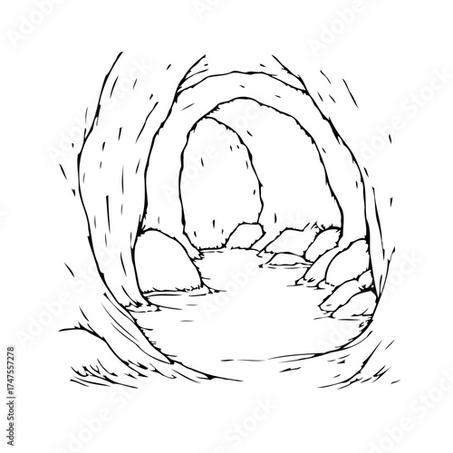 Monochrome cave exploration drawing with jagged edges featuring rocks and standing water providing