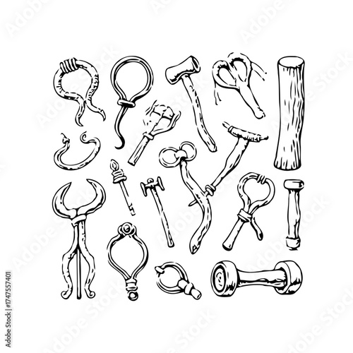 Monochrome hand drawn illustration of vintage blacksmith tools showcasing craftsmanship and
